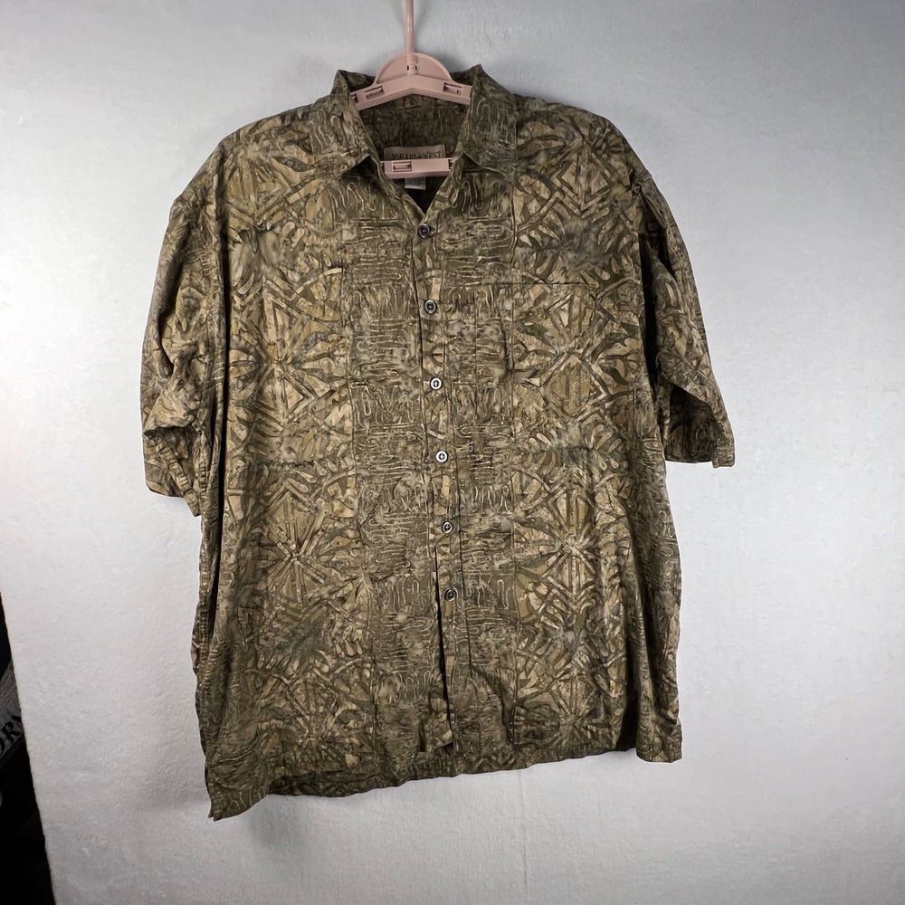 Johari West Mens XL Brown Green Batik Hawaiian Shirt Tribal Resort Cotton